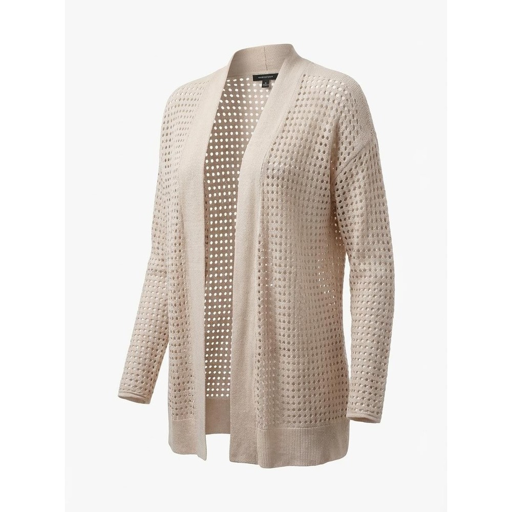 NIC+ZOE Petite Medium Beige Pointelle Open Front Cardigan Linen Blend PM
